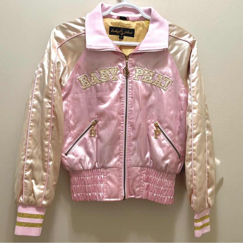 Baby Phat Y2K 2010s bomber/puffer jacket in pink and gold w cute zipper details